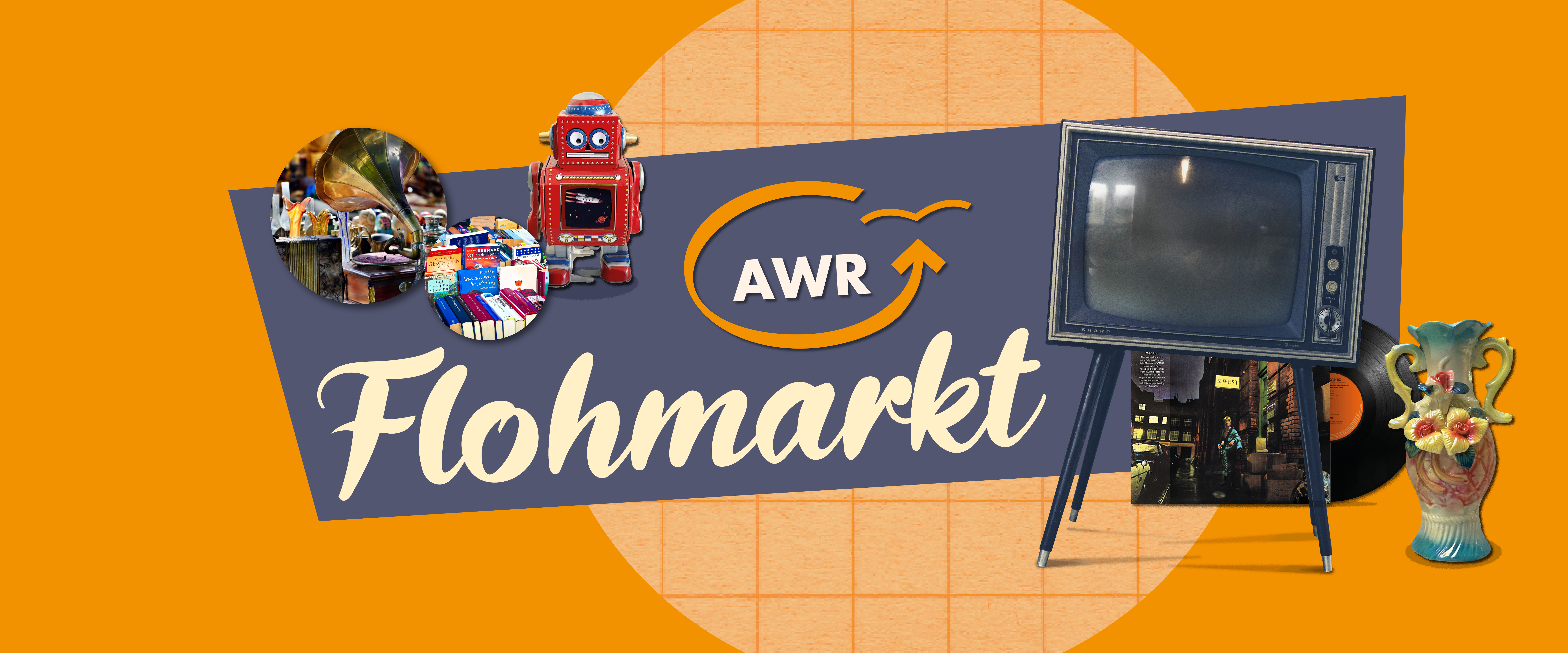 Titelbild mit dem Wort Flohmarkt und Second-Hand Gegenständen wie Fernseher und Vase
