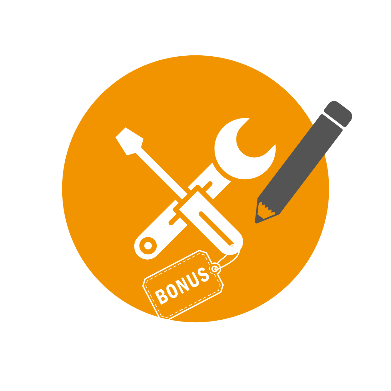 Symbolbild: Orangefarbenes Bild mit gekreuztem Schraubenschlüssel und Schraubendreher sowie einem Bleistift