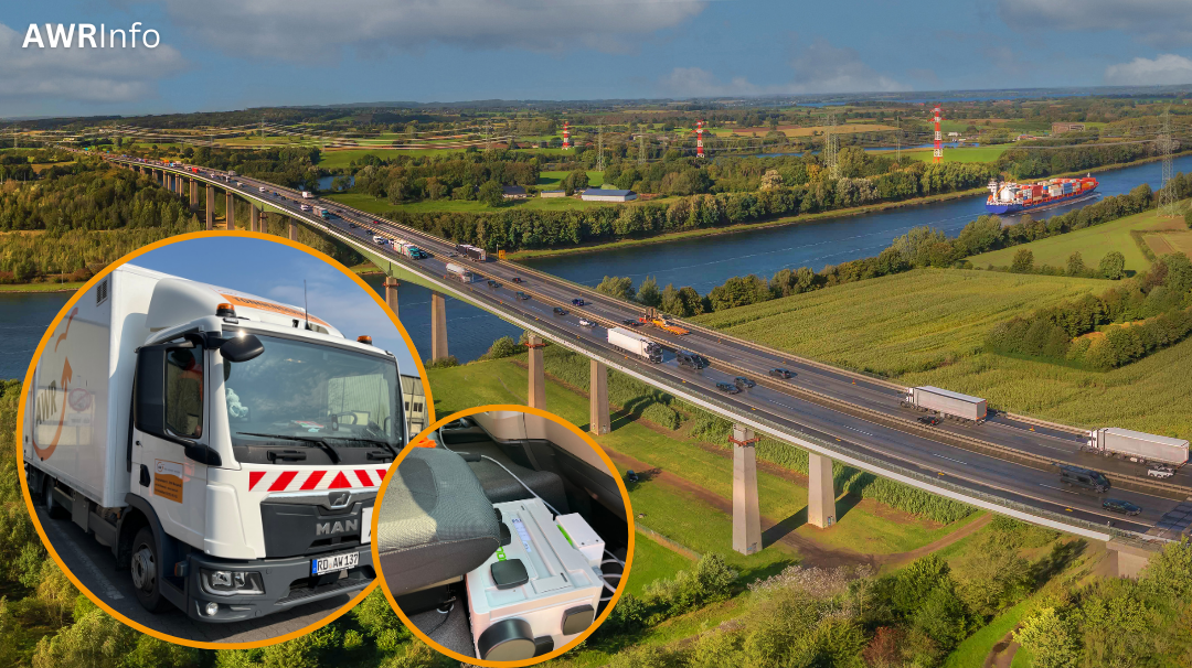 Symbolbild: Bild der Rader-Hochbrücke (A7), im Vordergrund in einem extra Bild ein LKW der AWR