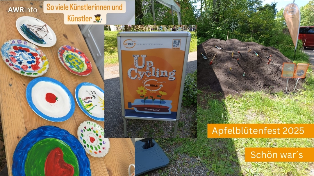 Komposthaufen, angemalte Teller und ein Schild mit Upcycling-Aktion